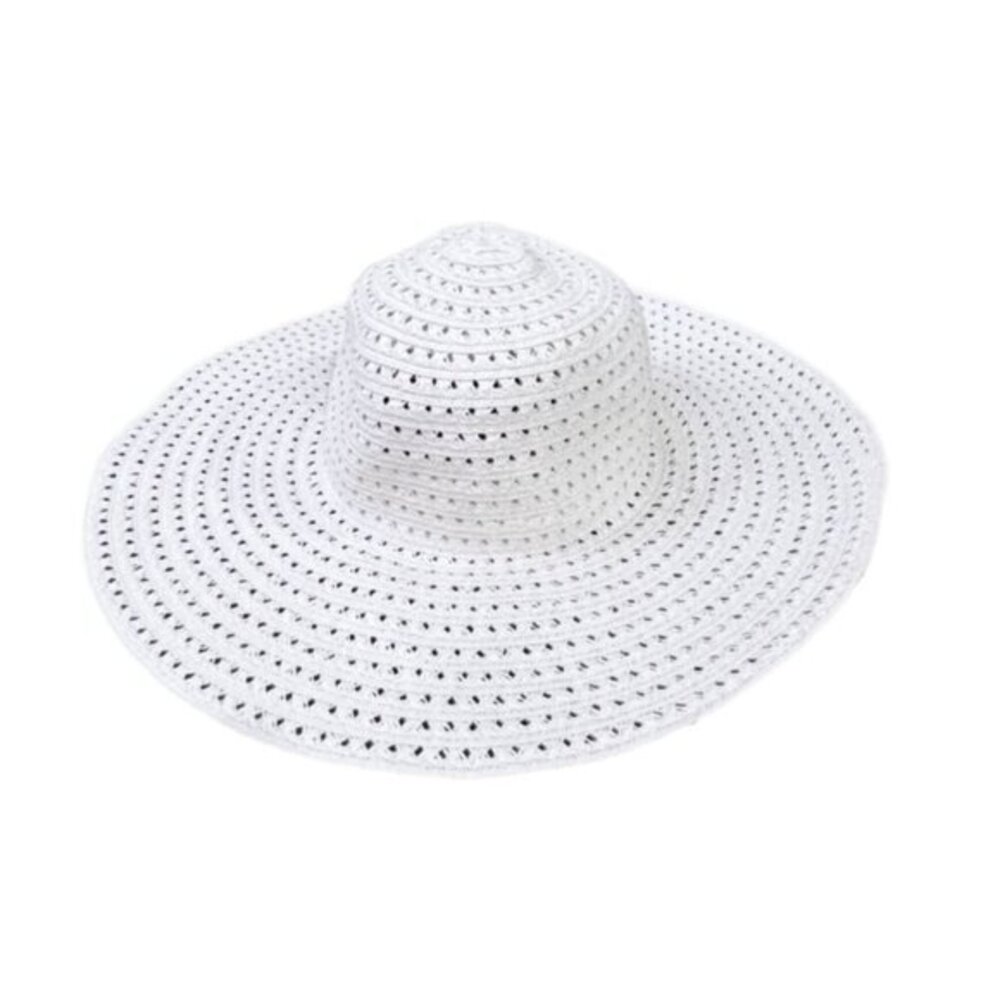 Womens Floppy Sun Hat Wide Brim White BOHO Beach Vacation Pool Travel Preppy EUC
